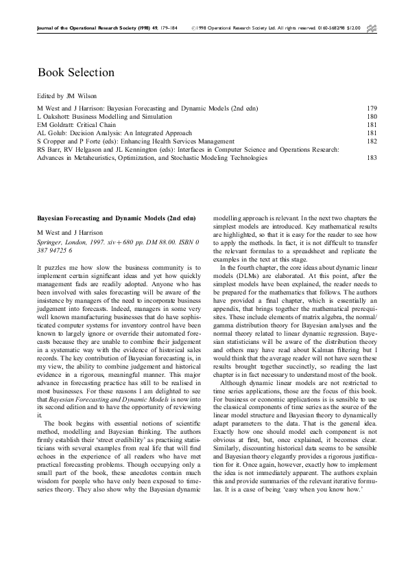 PDF) Bayesian Forecasting and Dynamic Models (2nd Edn)