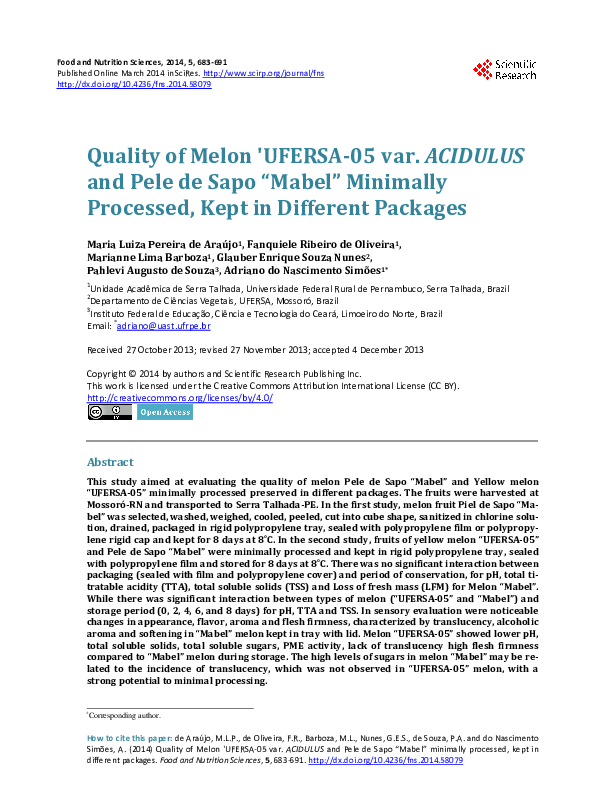 (PDF) Quality of Melon 'UFERSA-05 var. ACIDULUS and Pele de Sapo “Mabel ...