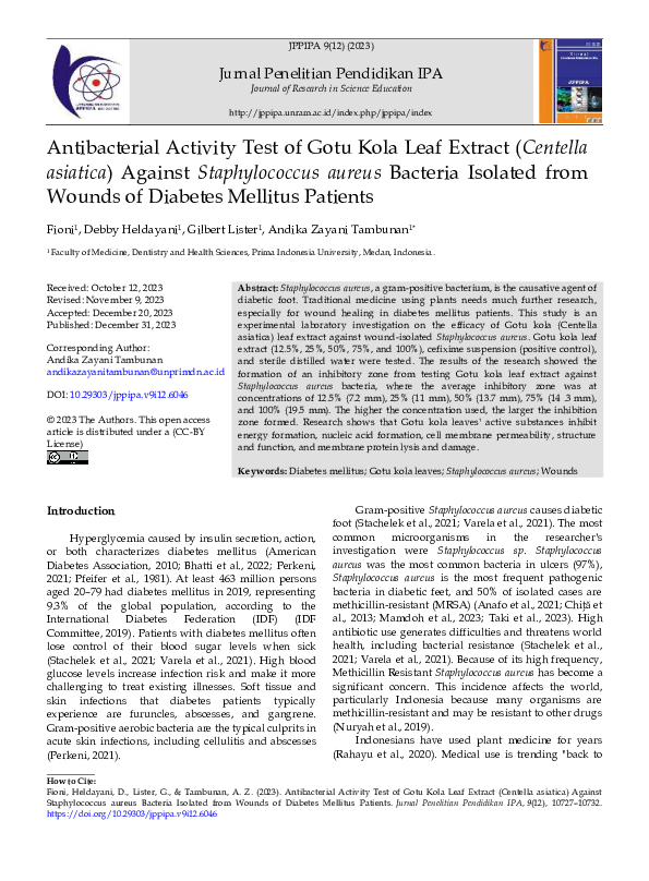 (PDF) Antibacterial Activity Test of Gotu Kola Leaf Extract (Centella ...