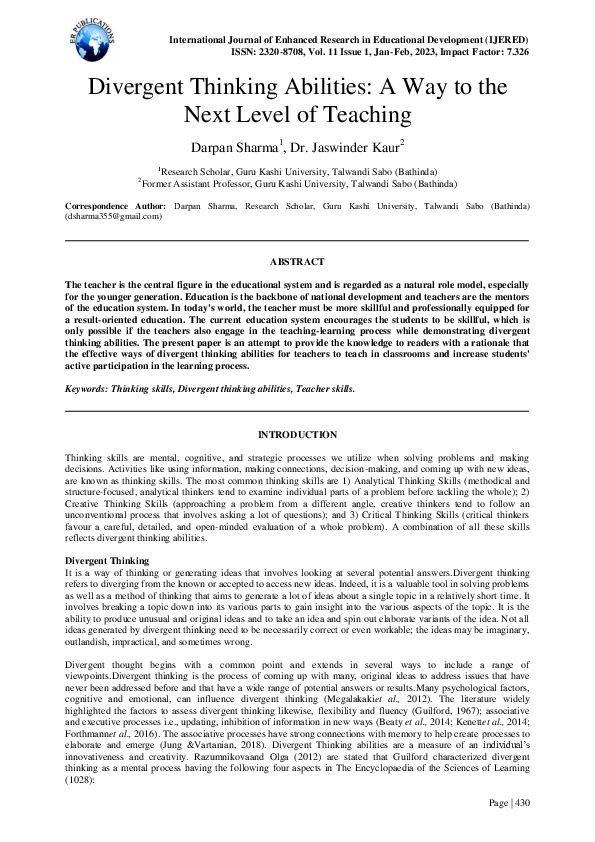 (PDF) Divergent Thinking Abilities: A Way to the Next Level of Teaching