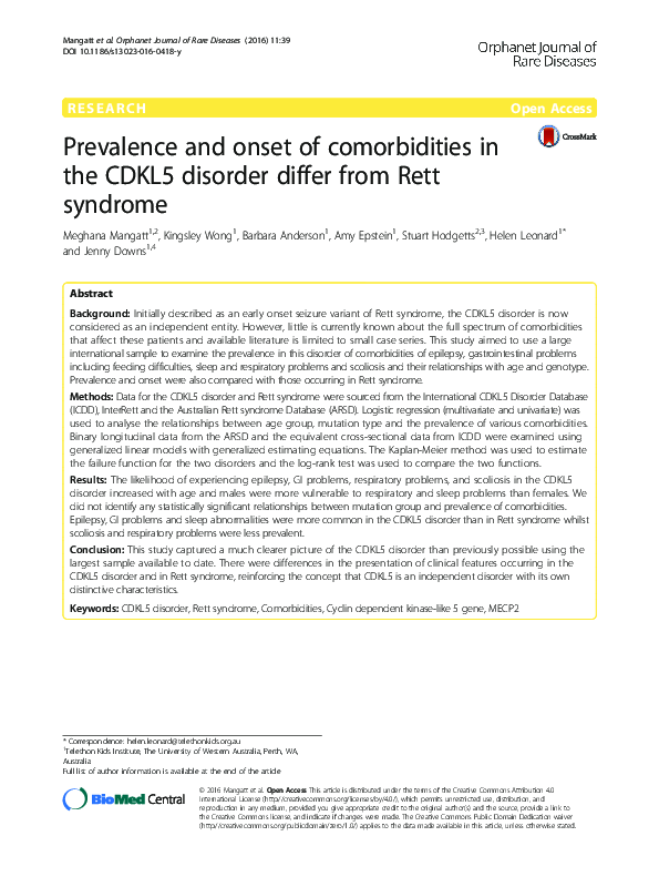 (PDF) Prevalence and onset of comorbidities in the CDKL5 disorder ...