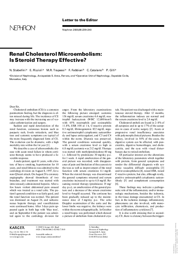 (PDF) Renal Cholesterol Microembolism: Is Steroid Therapy Effective?