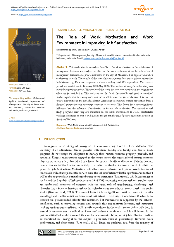 (PDF) The Role of Work Motivation and Work Environment in Improving Job ...