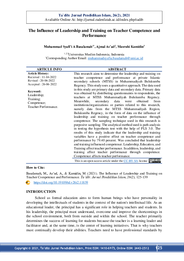 (PDF) The Influence of Leadership and Training on Teacher Competence ...