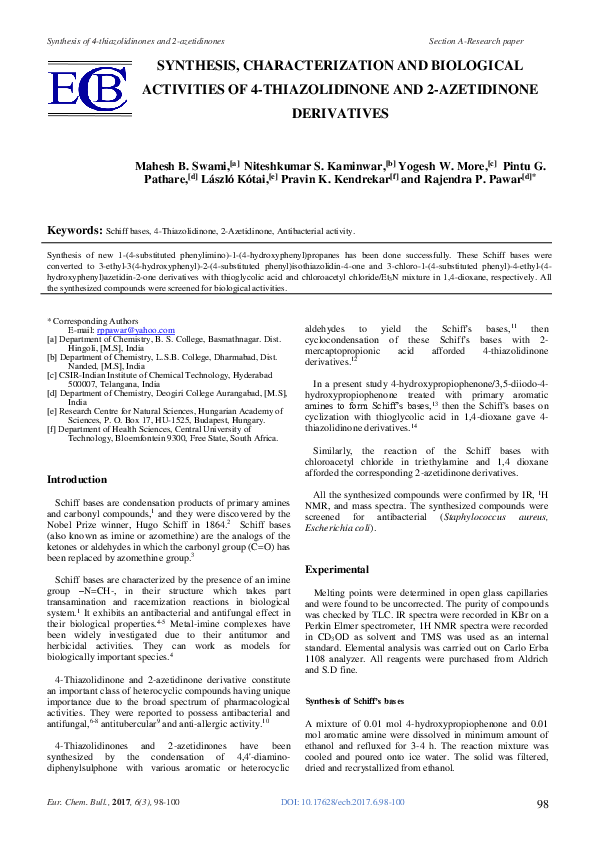 (PDF) Synthesis, Characterization and Biological Activities of 4 ...