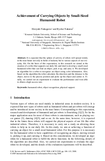 (PDF) Achievement of Carrying Objects by Small-Sized Humanoid Robot