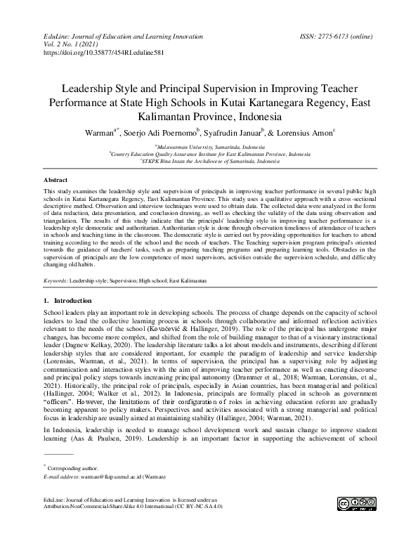 (PDF) Leadership Style and Principal Supervision in Improving Teacher ...