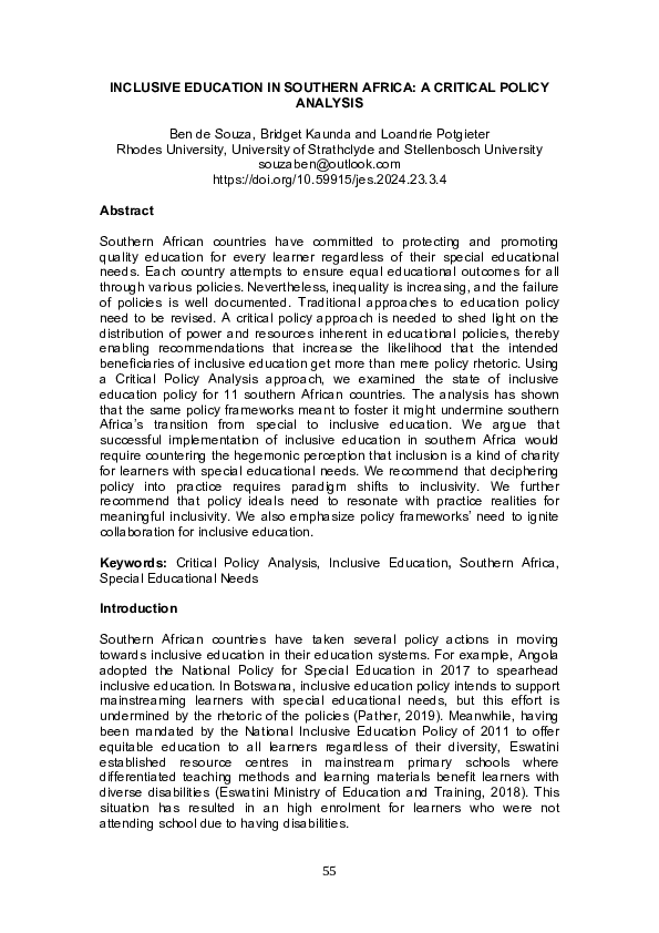 (PDF) Inclusive education in southern Africa: A critical policy analysis