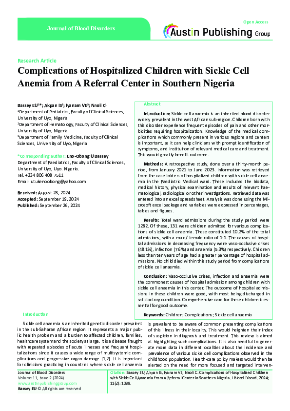 (PDF) Complications of Hospitalized Children with Sickle Cell Anemia ...
