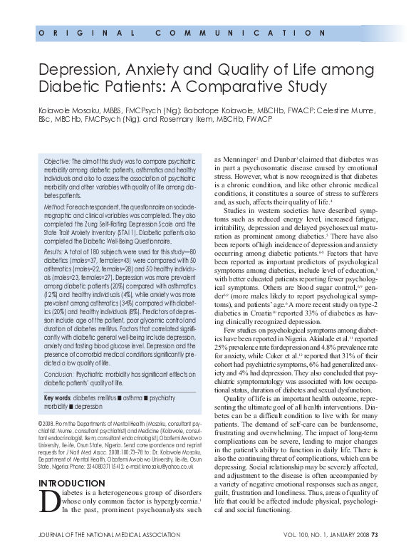 (PDF) Depression, Anxiety and Quality of Life among Diabetic Patients ...