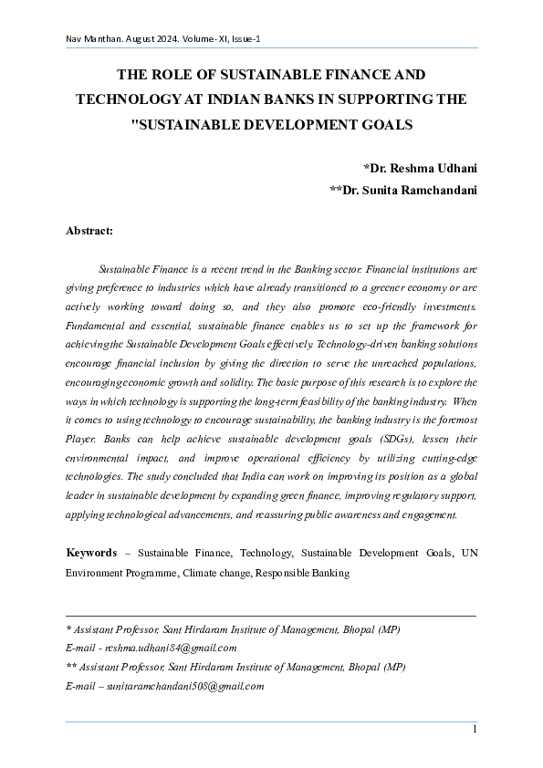 (PDF) THE ROLE OF SUSTAINABLE FINANCE AND TECHNOLOGY AT INDIAN BANKS IN ...