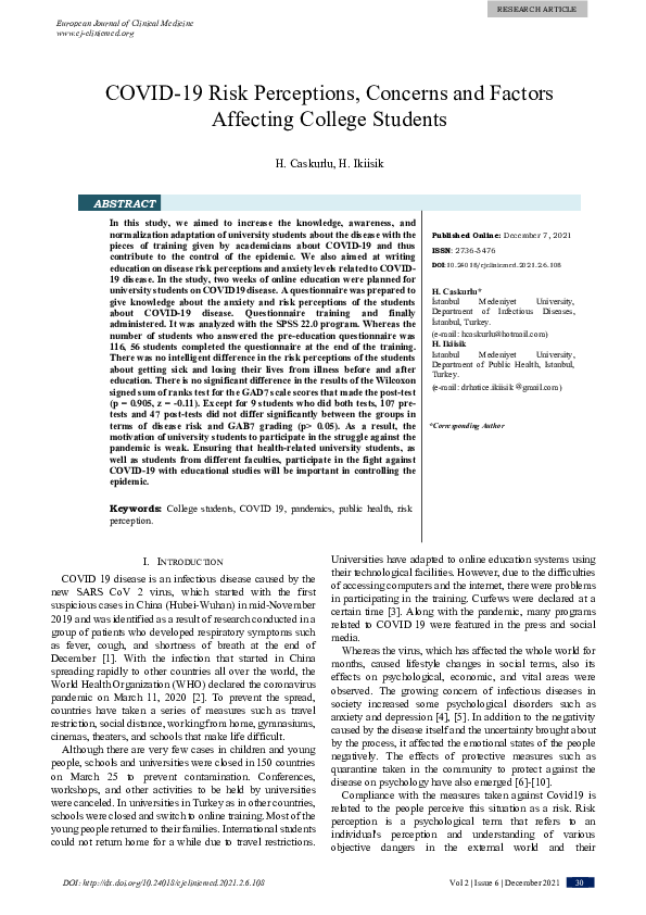 (PDF) COVID-19 Risk Perceptions, Concerns and Factors Affecting College ...