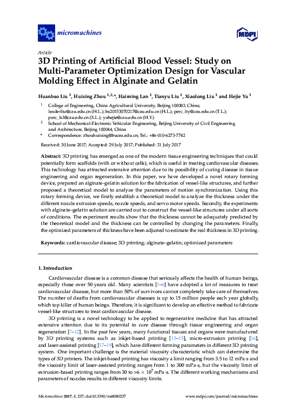 (PDF) 3D Printing of Artificial Blood Vessel: Study on Multi-Parameter ...