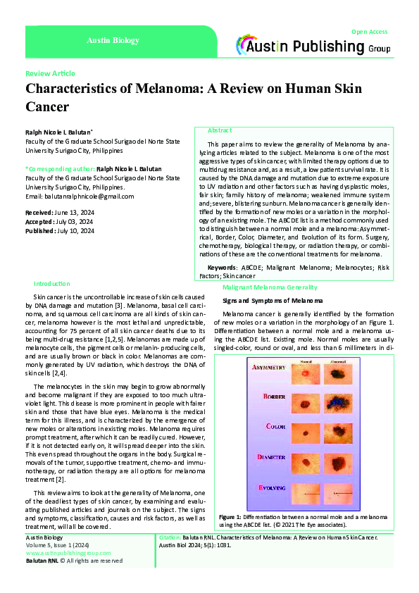 (PDF) Characteristics of Melanoma: A Review on Human Skin Cancer