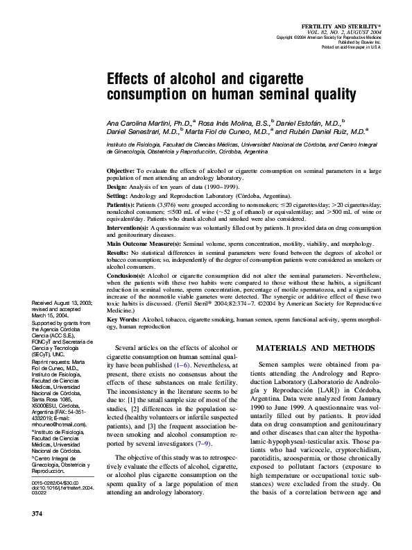 (PDF) Effects of alcohol and cigarette consumption on human seminal quality