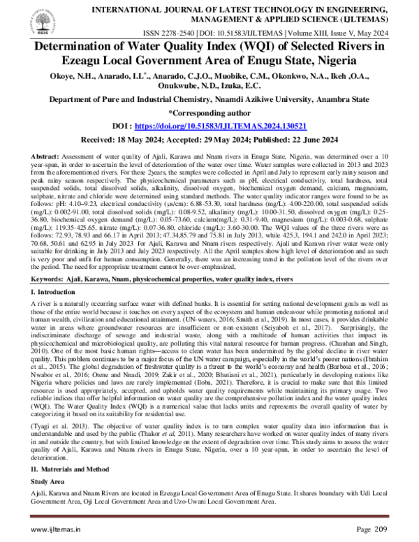 (PDF) Determination of Water Quality Index (WQI) of Selected Rivers in ...