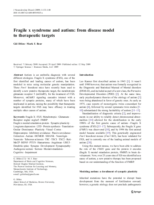 (PDF) Fragile x syndrome and autism: from disease model to therapeutic ...