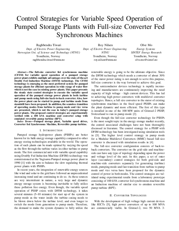 (PDF) Control Strategies for Variable Speed Operation of Pumped Storage ...