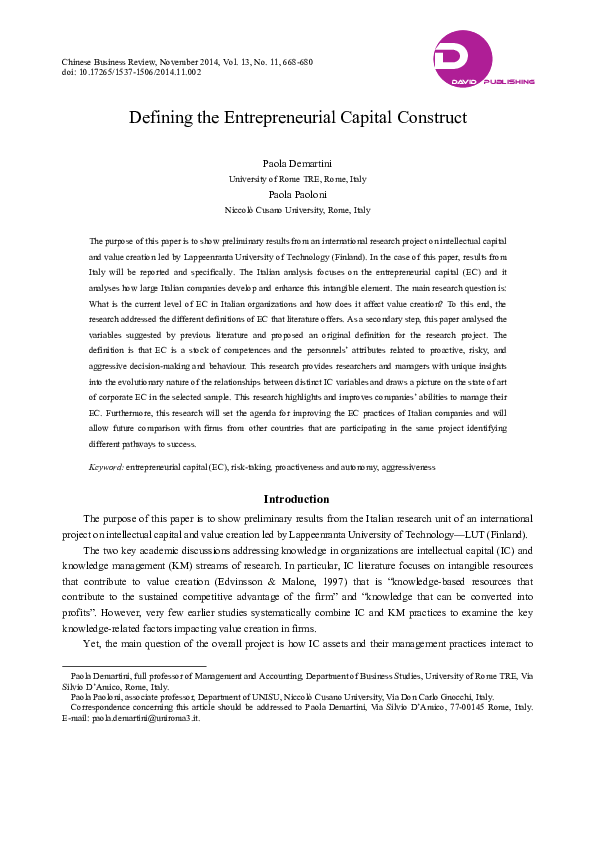 (PDF) Defining the Entrepreneurial Capital Construct