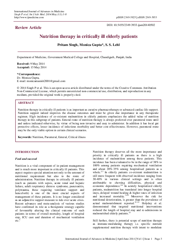 (PDF) Nutrition therapy in critically ill elderly patients