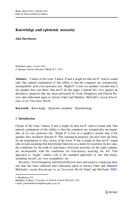 Pdf Knowledge And Epistemic Necessity