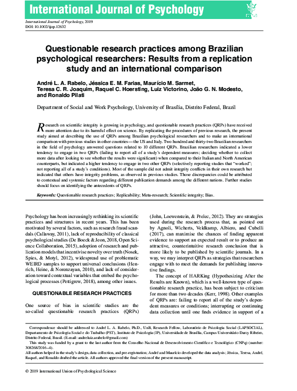 (PDF) Questionable research practices among Brazilian psychological ...