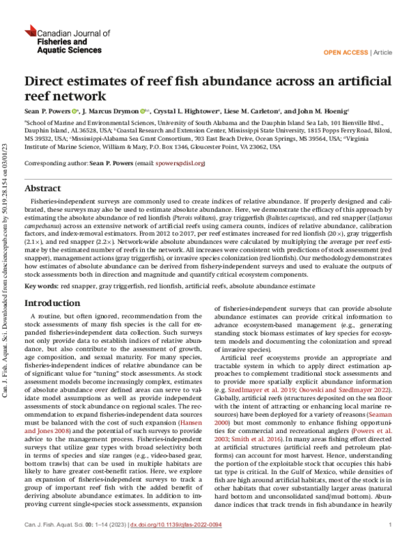 (PDF) Direct estimates of reef fish abundance across an artificial reef ...
