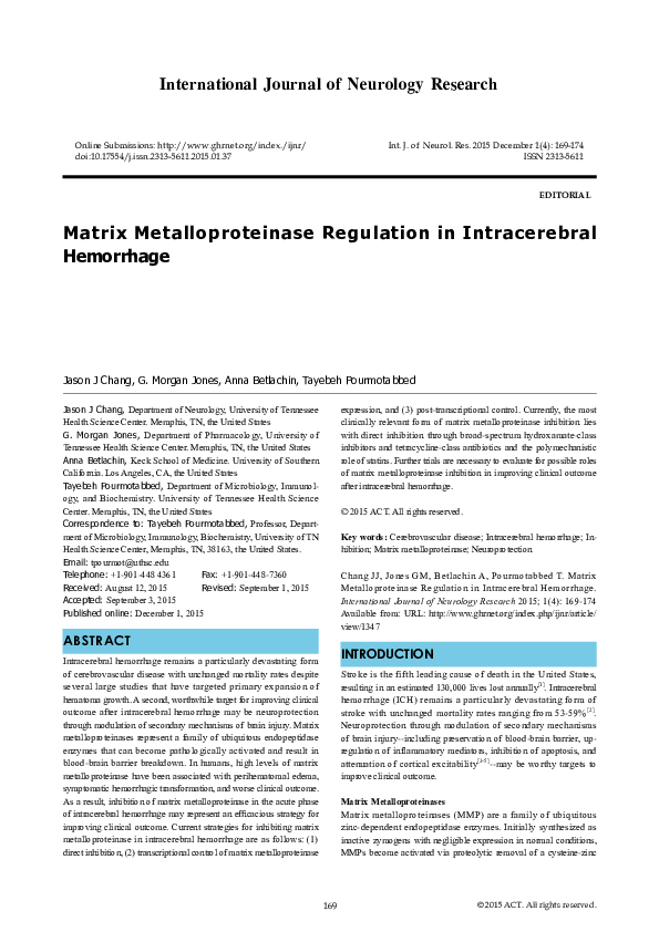 (PDF) Matrix Metalloproteinase Regulation in Intracerebral Hemorrhage