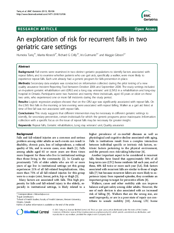 (PDF) An exploration of risk for recurrent falls in two geriatric care ...
