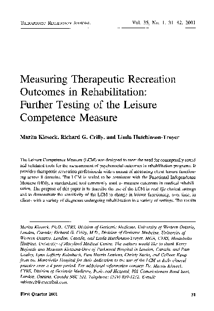 (PDF) Measuring therapeutic recreation outcomes in rehabilitation ...