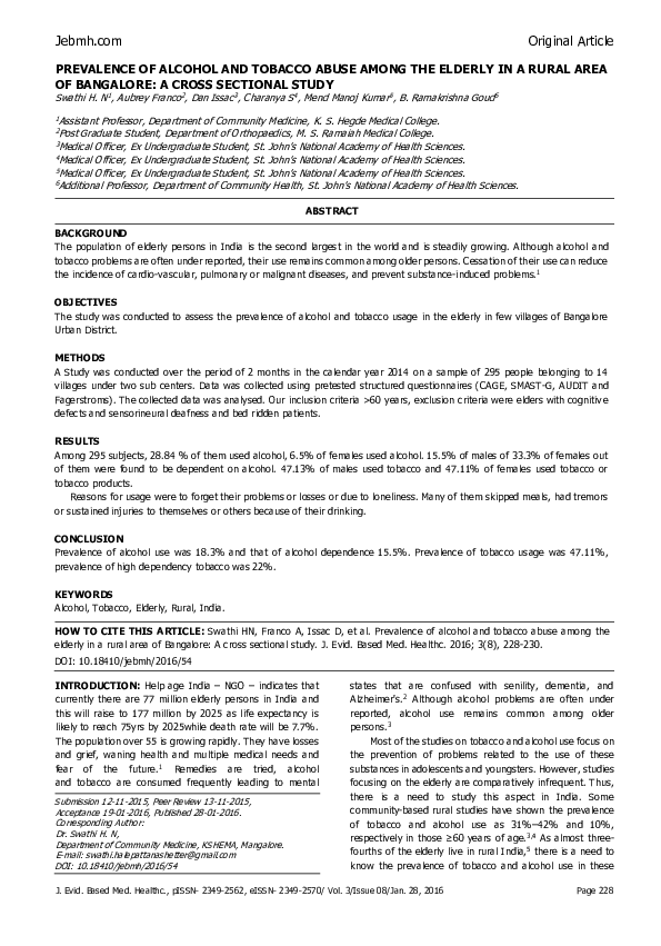 (PDF) Prevalence of Alcohol and Tobacco Abuse Among the Elderly in a ...
