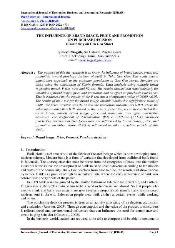 (PDF) THE INFLUENCE OF BRAND IMAGE, PRICE AND PROMOTION ON PURCHASE ...