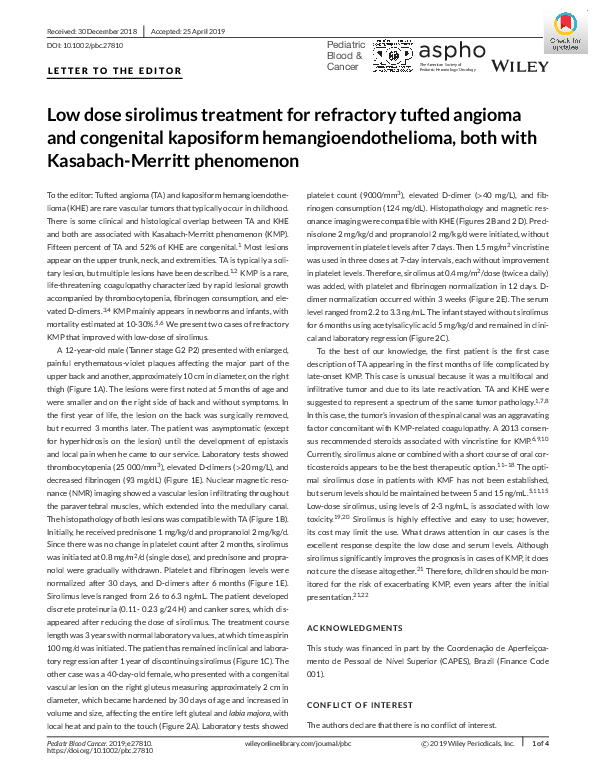 (PDF) Low dose sirolimus treatment for refractory tufted angioma and ...