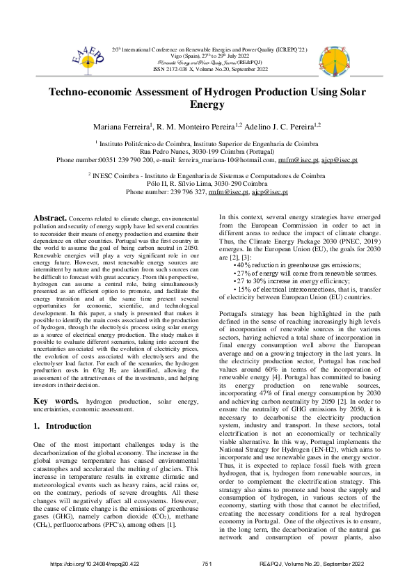 (PDF) Techno-economic Assessment of Hydrogen Production Using Solar Energy