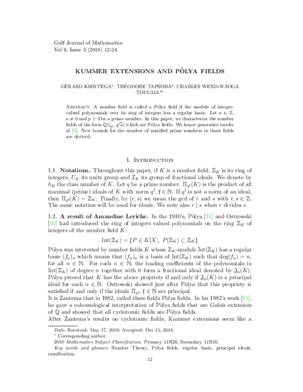 (PDF) Kummer extension and Polya fields