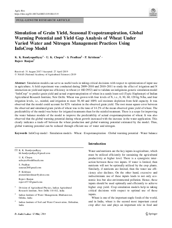 (PDF) Simulation of Grain Yield, Seasonal Evapotranspiration, Global ...