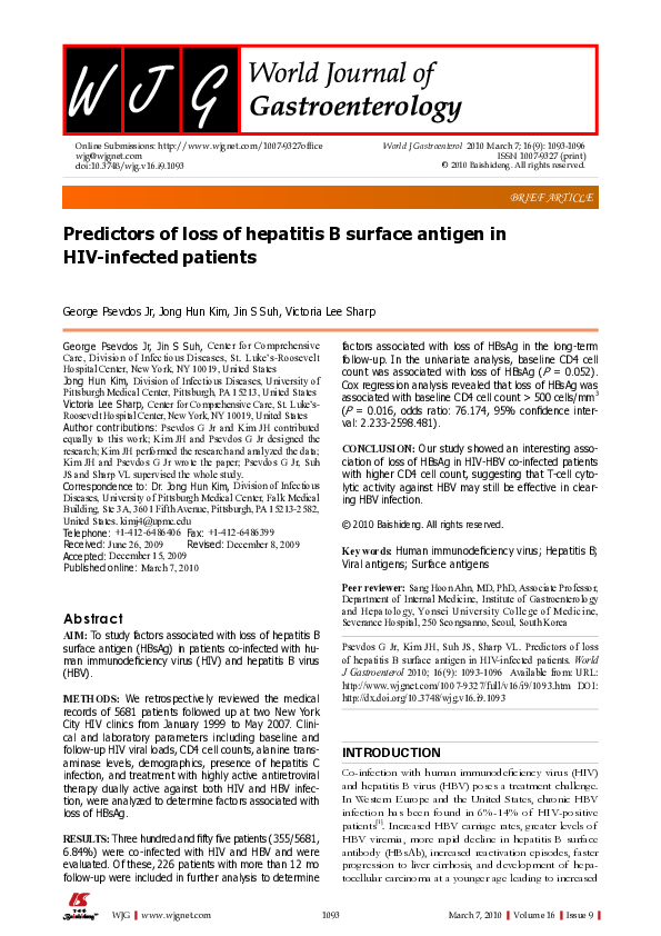 (PDF) Predictors of loss of hepatitis B surface antigen in HIV-infected ...