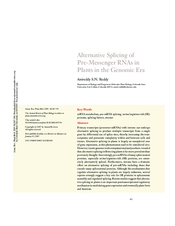 (PDF) Alternative Splicing of Pre-Messenger RNAs in Plants in the ...