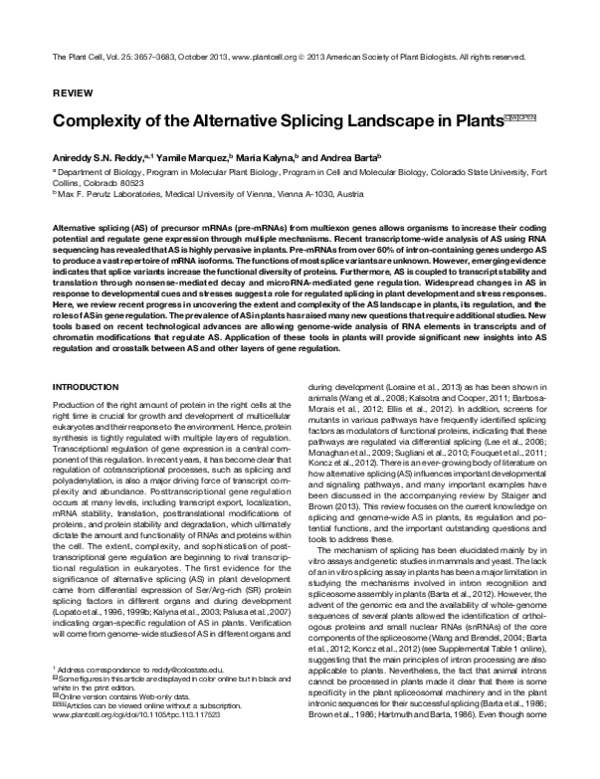 (PDF) Complexity of the Alternative Splicing Landscape in Plants