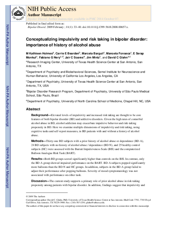 (PDF) Conceptualizing impulsivity and risk taking in bipolar disorder ...
