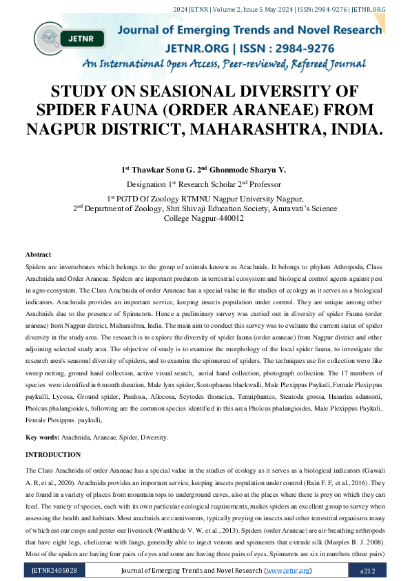 (PDF) STUDY ON SEASIONAL DIVERSITY OF SPIDER FAUNA (ORDER ARANEAE) FROM ...