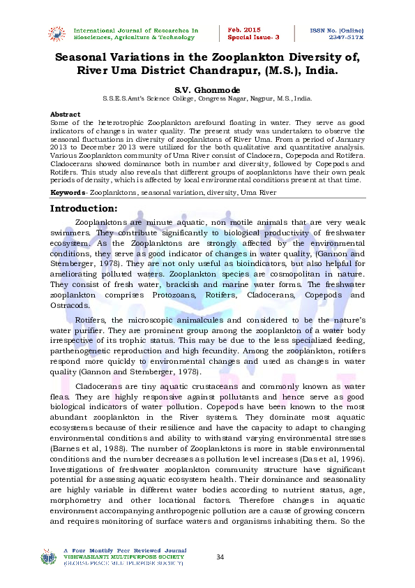 (PDF) Seasonal variations in the Zooplankton Diversity of River Uma ...