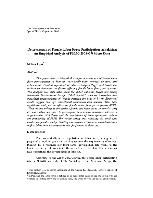(PDF) Determinants of Female Labor Force Participation in Pakistan An ...