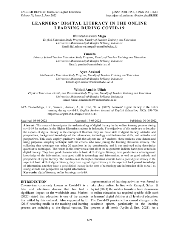 (PDF) Learners’ Digital Literacy in the Online Learning During COVID-19