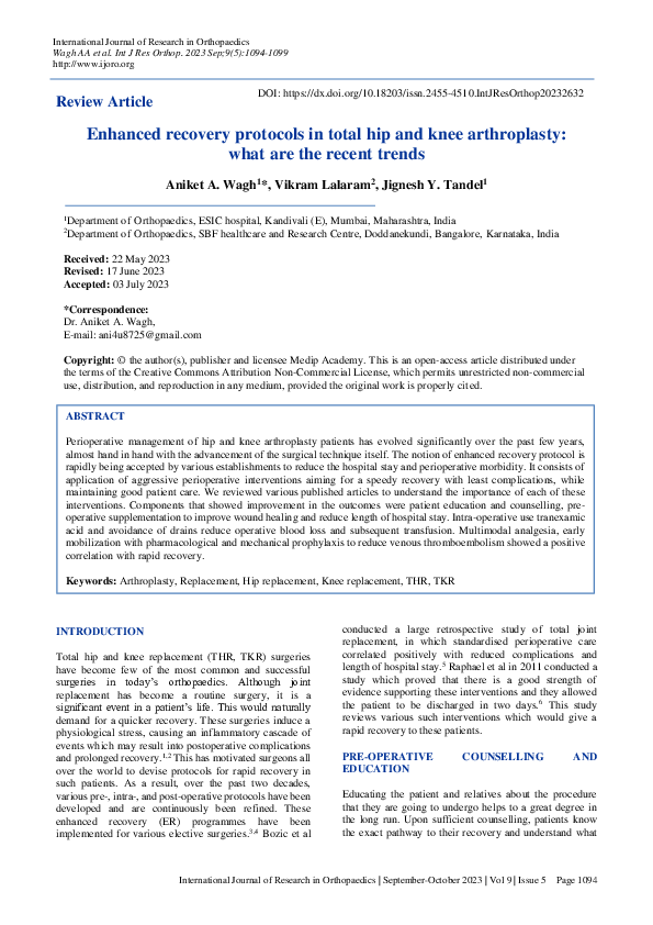 (PDF) Enhanced recovery protocols in total hip and knee arthroplasty ...