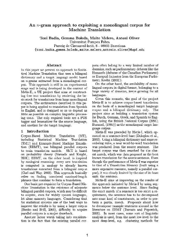 (PDF) An n-gram Approach to Exploiting a Monolingual Corpus for Machine ...