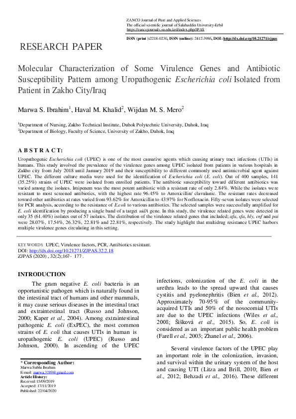 (PDF) Molecular Characterization of Some Virulence Genes and Antibiotic ...