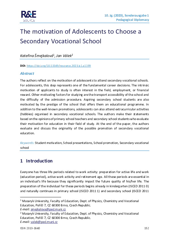 (PDF) The motivation of Adolescents to Choose a Secondary Vocational School
