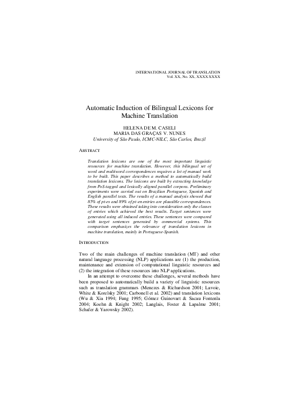 (PDF) Automatic induction of bilingual lexicons for machine translation