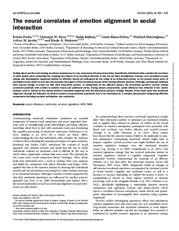 (PDF) The neural correlates of emotion alignment in social interaction